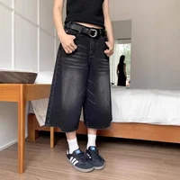 High Waist Wide Leg Seven-Five Denim Shorts Women's Loose Casual Washed Slim Straight Tube Pants Spring Summer New Style