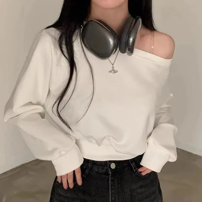 Elegant Solid Korean Streetwear Off-shoulder Long Sleeve Loose Tops Casual Cropped Sweatshirt For Women 6