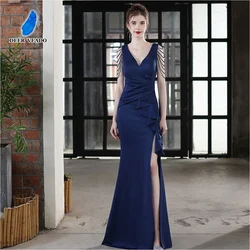 DEERVEADO Candy Color Mermaid V Neck Soft Satin Prom Dresses Long V Neck Formal Party Maxi Dress Evening Dress with Beads 18698