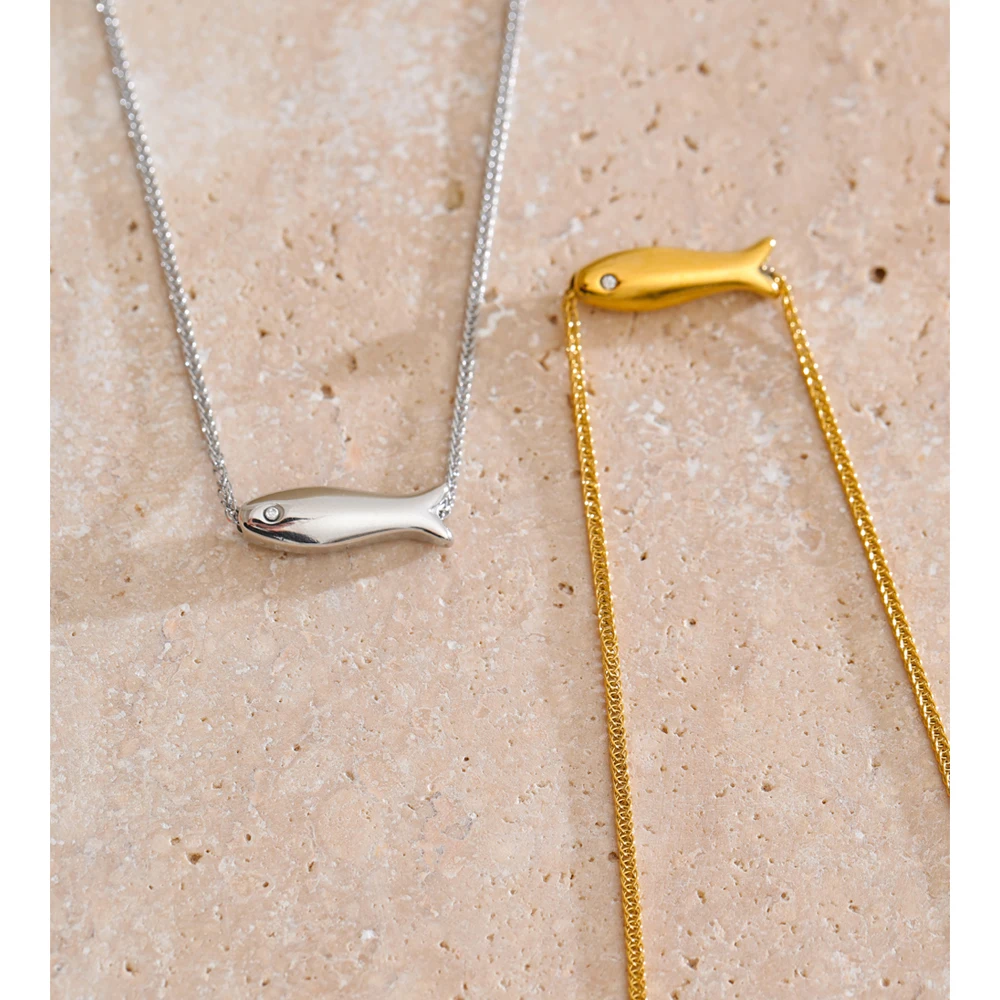 Yhpup Stainless Steel Zircon Fish Necklace Gold & Platinum PVD Plated