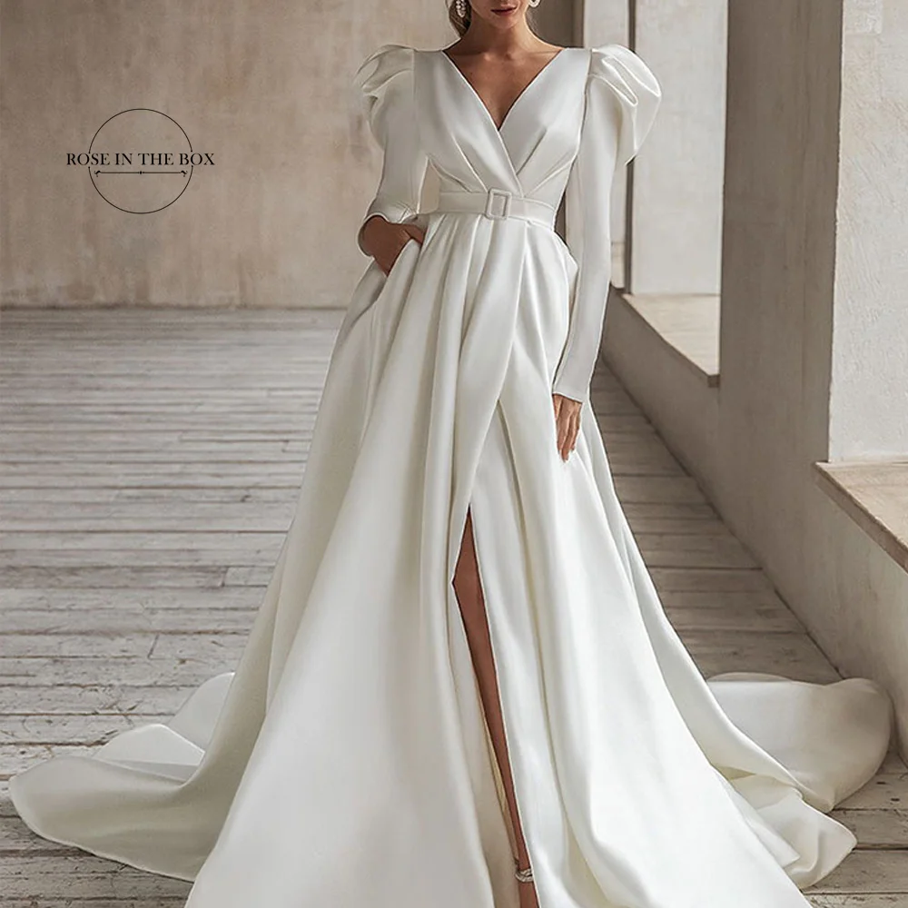 

Designer Long Puff Sleeves Satin Wedding Dresses For Women 2022 Fashion V Neck Floor Length Split Bridal Gowns Vestidos De Novia