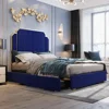 Bed Frame with Storage Drawers - High Headboard Upholstered Bed Frame in Plush Velvet with Gold Accents Beds Frames 1