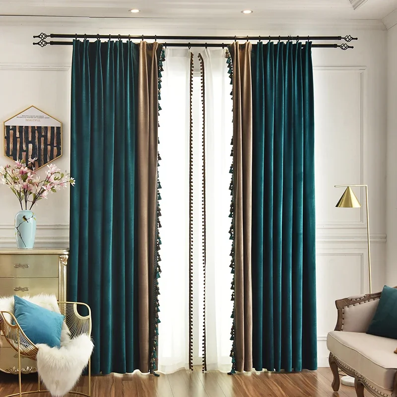 Personalizado americano luz estilo de luxo pavão verde azul luz marrom cortinas para o quarto veludo blackout espessamento cortina