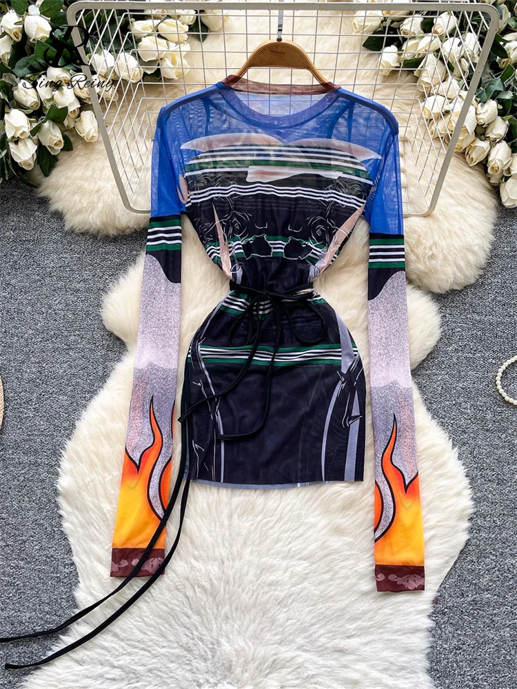 SINGREINY Multicolor Print Mesh Dress Sheer Long Sleeve Lace Up Slim Night Party Short Dresses Women Clubwear Bodycon Mini Dress 2