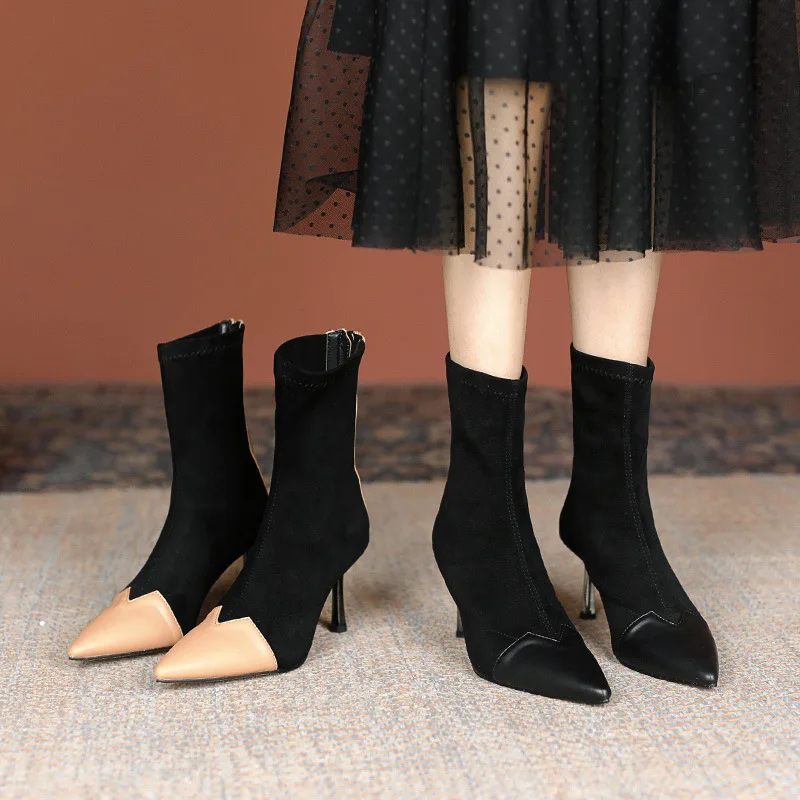 

Zipper Shoes Pointy Boot Luxury Designer Pointe Ladies Fashion Rubber High Heel Flock Retro Cotton Fabric Rome Solid Pointed Toe