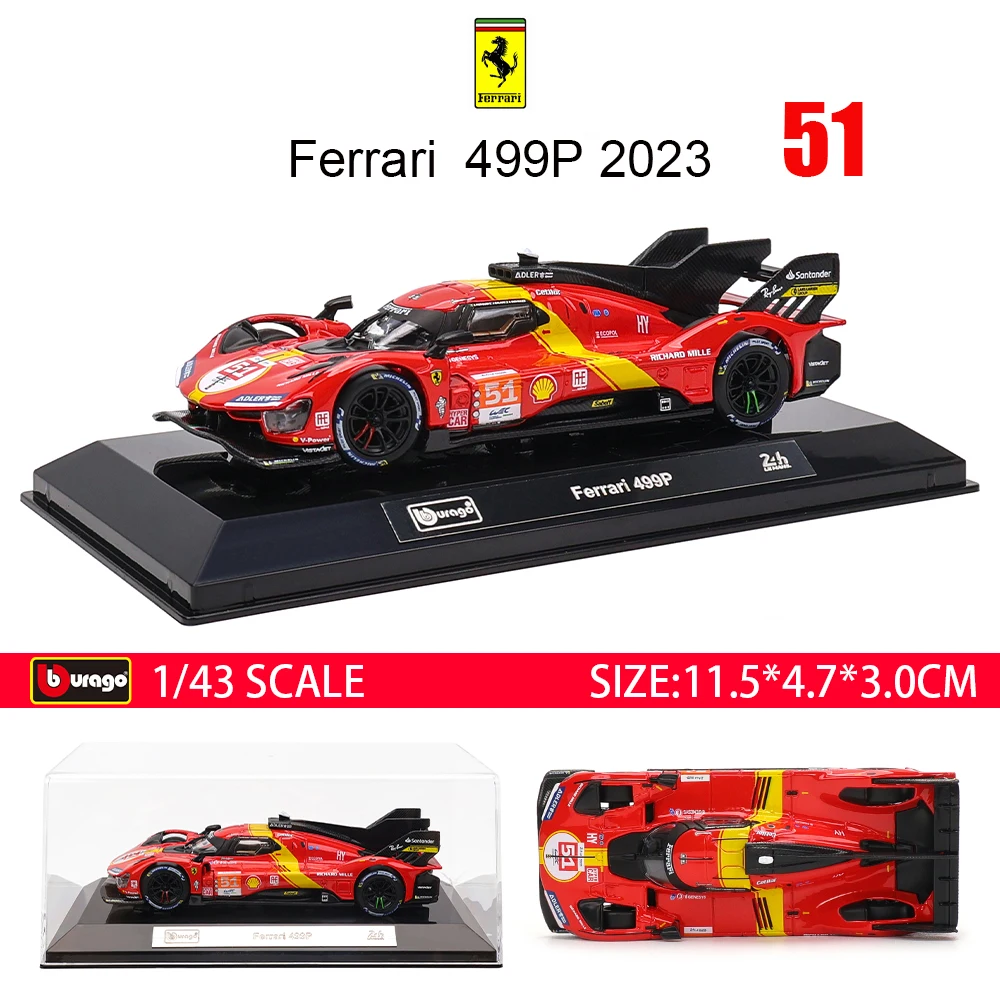 Bburago 1:43 Ferrari 2024 499P No.50 24h LE MANS Acrylic box and base Alloy Luxury Vehicle Diecast Car Model Toy Collection