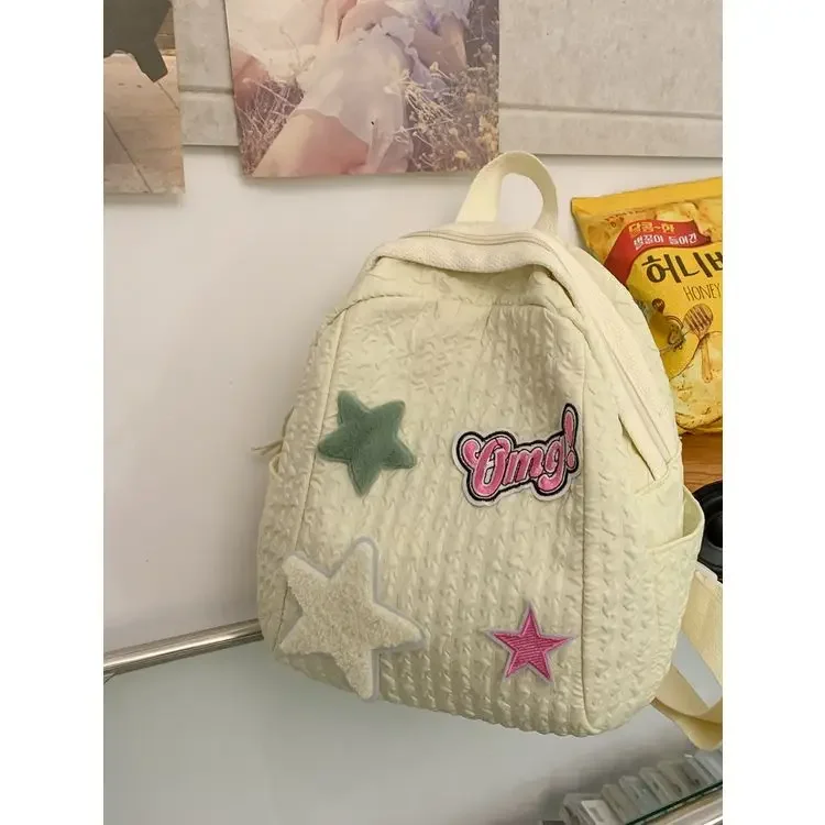 thumbnail image 1 of Mochila MBTI rosa plisada para mujer, de nailon, informal, con diseño de estrellas y parches, a la moda, estilo Harajuku, bonita mochila Kawaii para mujer, 1 of 5