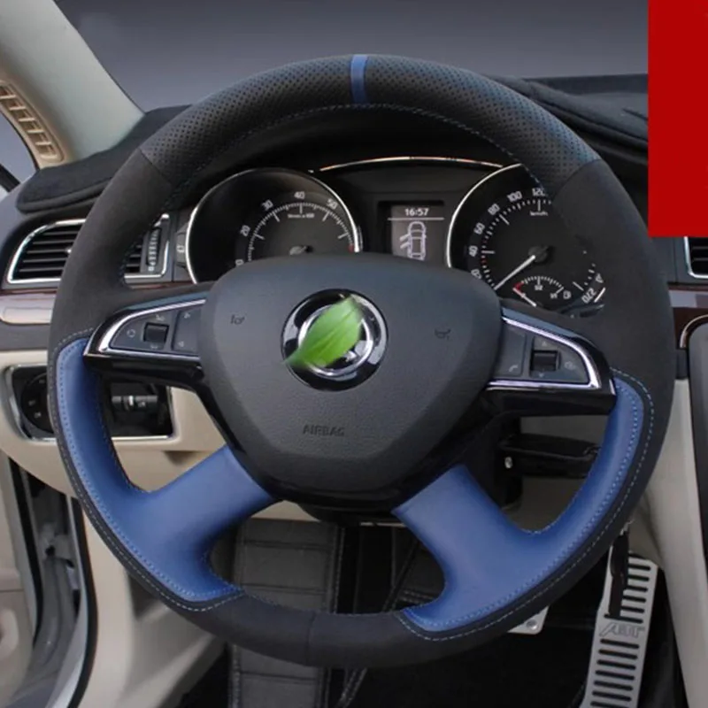 

For Skoda Octavia Fabia Rapid Superb Yeti Hand Stitched non-slip Genuine Leather Suede Car Steering Wheel Cover