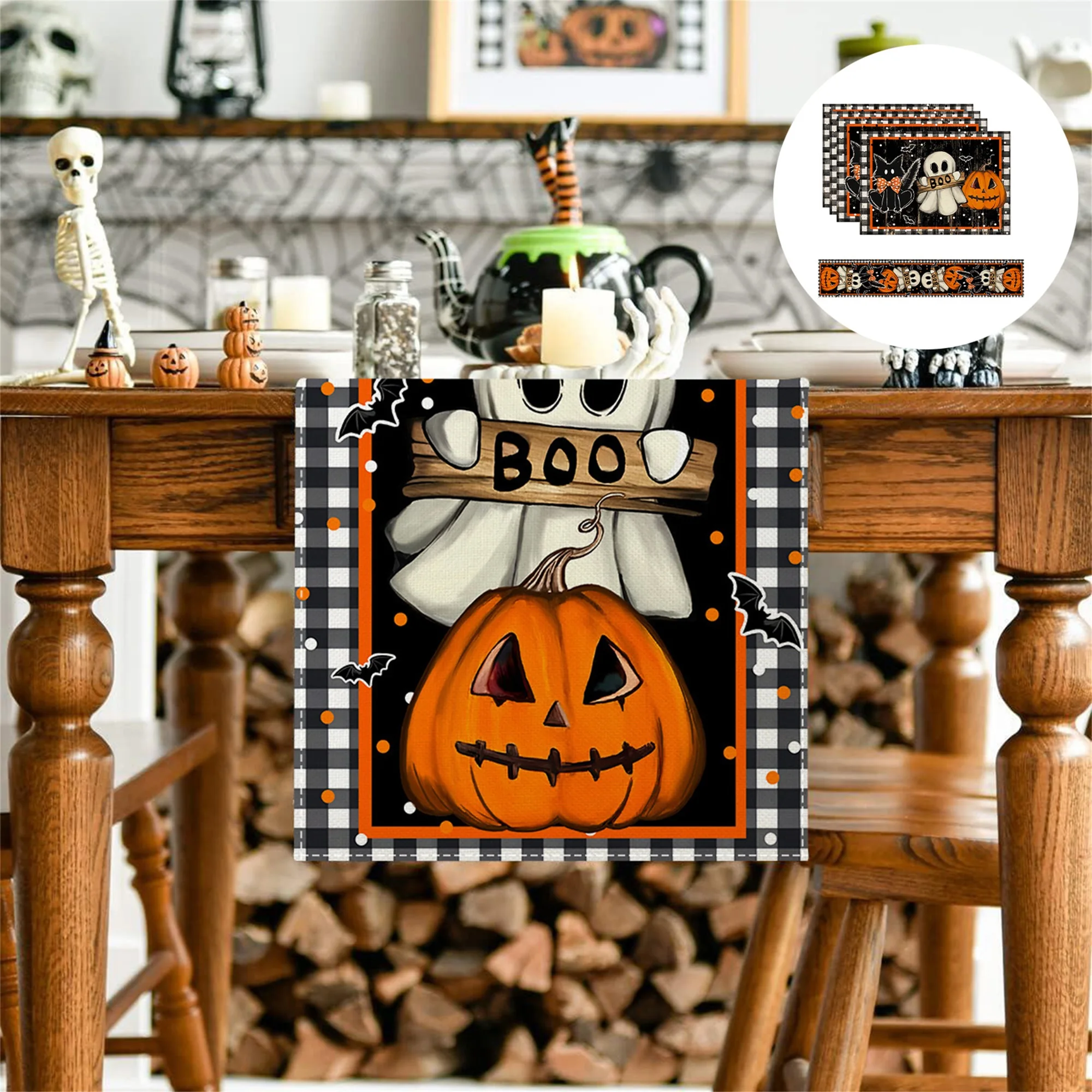 Spooky Halloween Haunted House Tablecloth Set with Witch Broom Skeleton Bat Placemats for Gothic Home Decor Party Supply