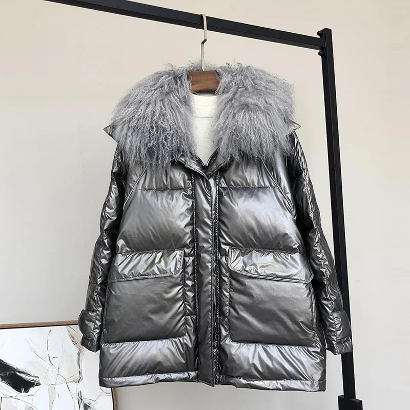 

Real Wool Fur Hooded Women's Down Jackets 90% White Duck Down Female Winter Coat Glossy Parkas Woman Mujer Chaqueta Zjt968