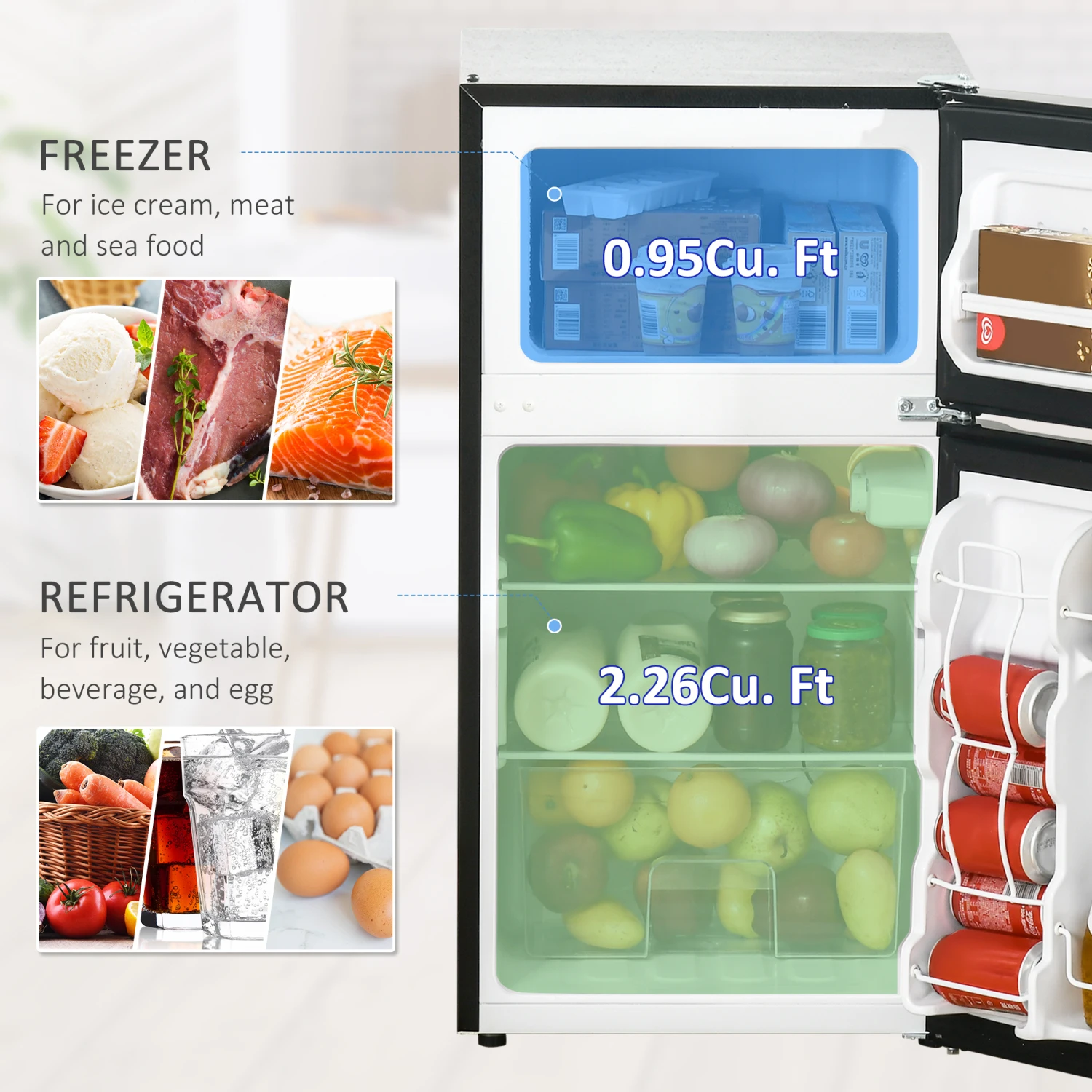 HOMCOM 3.2 Cu.Ft Mini Fridge with Freezer, Double Door Compact Refrigerator with Adjustable Thermostat, Shelf and Reversible Doo 4