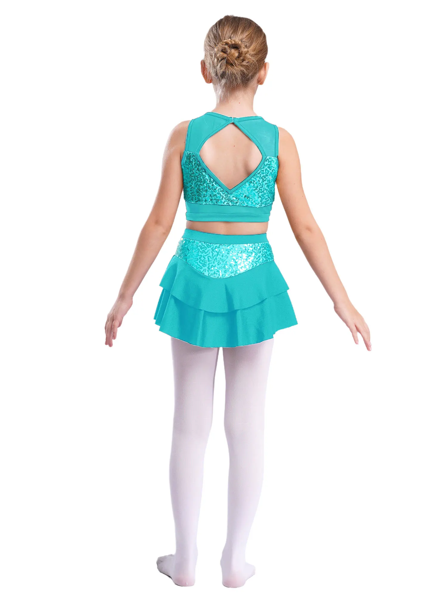 Kinder Mädchen Cheerleading Uniform Cheerleader Ballett Jazz Dance Performance Kostüm Glänzende Pailletten Crop Top mit Stufenrock für – Detail 7