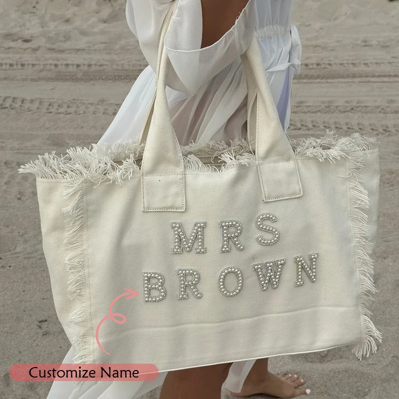 Personalisierte Mrs Fransen Tasche mit Perlen Einkaufstasche Hochzeit Bachelorette Party Braut Dusche Dekoration Brautjungfer Braut als Geschenk – Detail 2