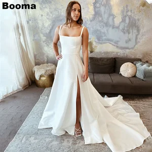 Booma Elegant A-Line Wedding Dresses Sleeveless Stain Brides Party Gowns High Side Slit Sweep Train Bridals Evening Dress