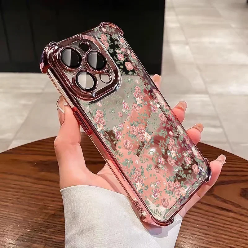 Elegant Pink Floral Plating Silicone Airbag Phone Case