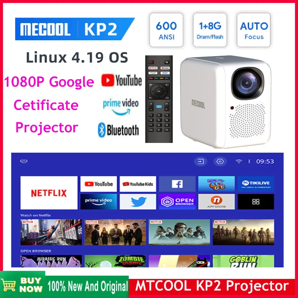 

[Genuine]MECOOL KP2 1080P Home Theater Projetor with 1G+8G Linxu OS 2.4G/5G WiFi Netflix Certified Dolby Audio Projector vs kp1