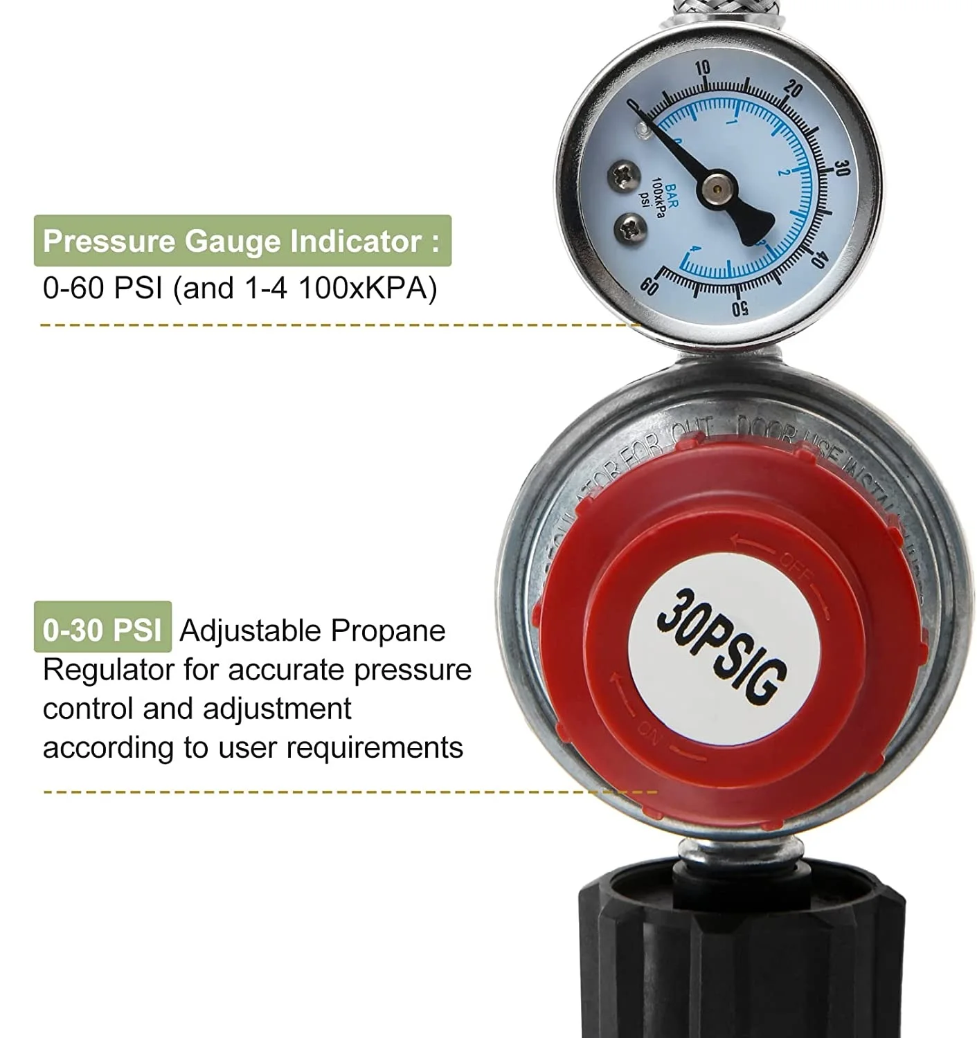 QCC1 0-30PSI Adjustable High Pressure Propane Regulator Hose 12Feet + PSI Gauge Grill 3/8