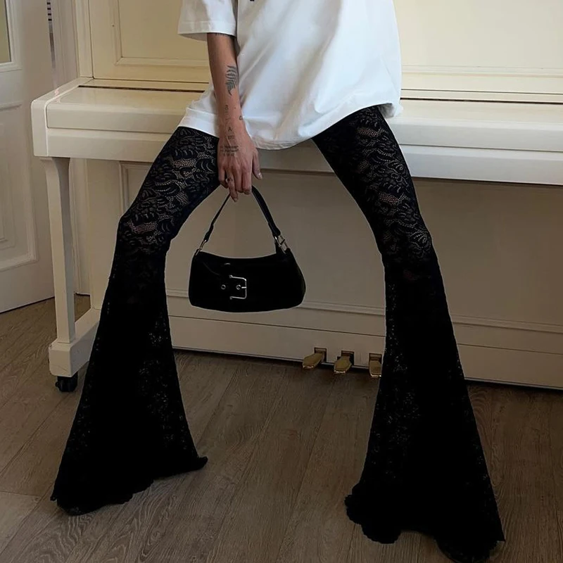 Darlingaga Fashion Black Skinny Lace Trousers Full Length Solid Transparent Sexy Party Thin Flared Pants Vintage Elegant Bottoms 3