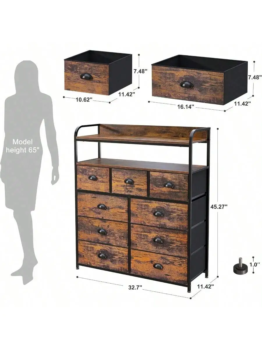 EnHomee Dresser with 9 Drawer TV Stand Dresser for Bedroom with 2 Shelves Fabric Dressers and Chest of Drawers with Wood 3