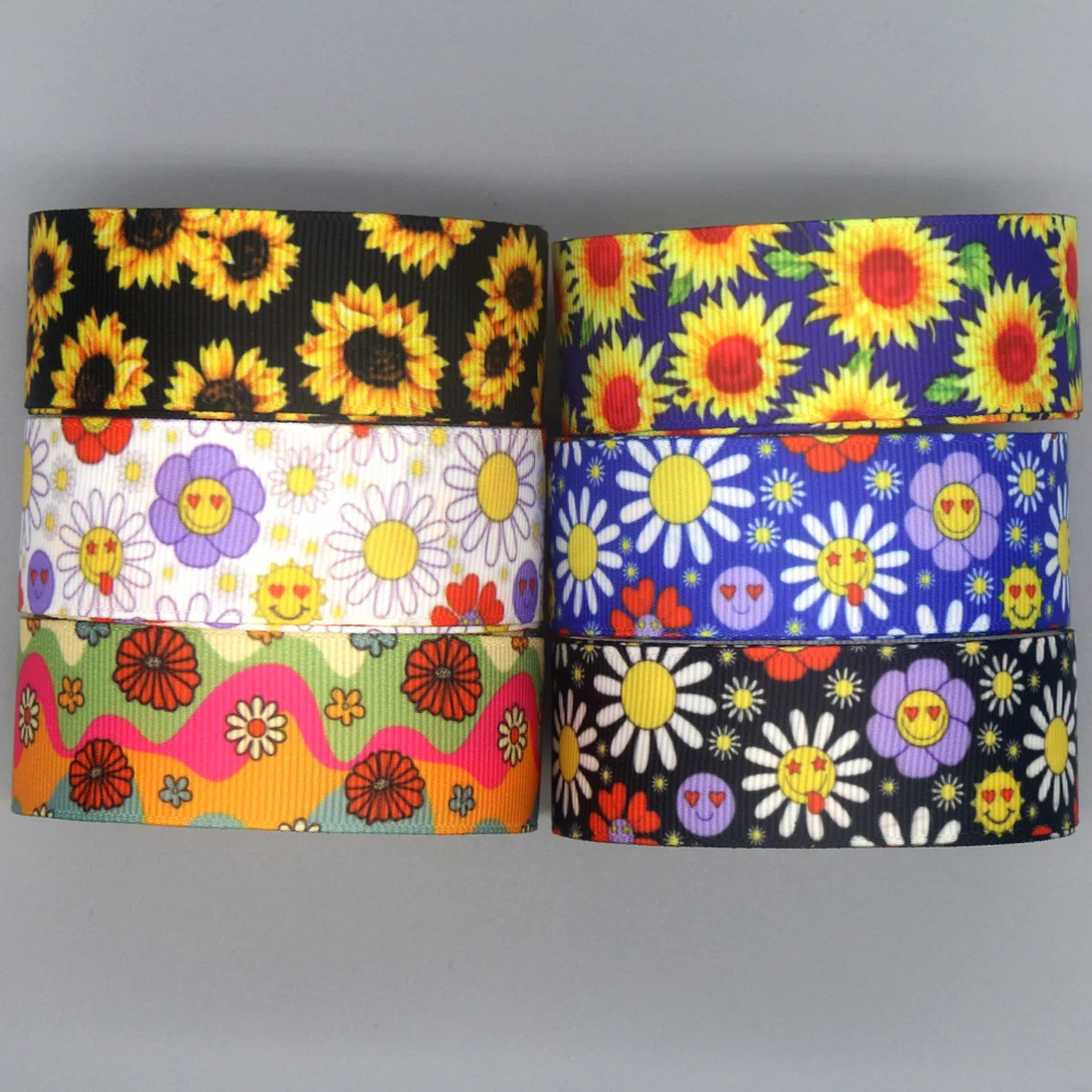 Flower Sunflower Printed Grosgrain Ribbon DHK 7/8'' 5yards Accessories Material Headwear Decoration DIY Sewing Craft C2057