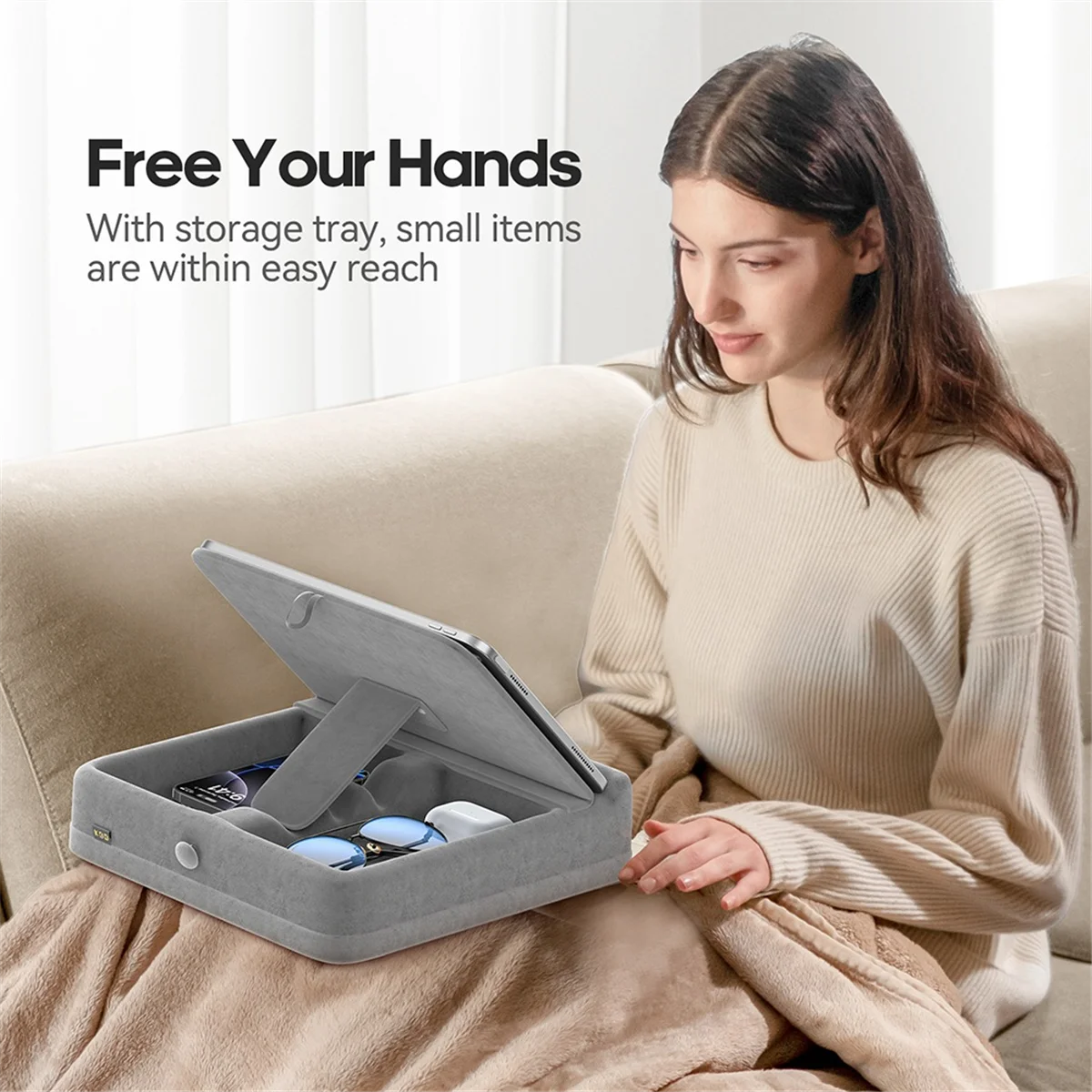 A04R-Tablet Pillow Stand with Storage Foldable Holder Angle Adjustable Soft Pad Dock for Bed and Laptop and Desk Rose Red