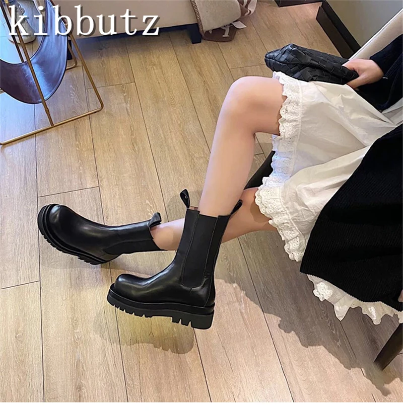 New Fashion Black Mid-Calf Chelsea Boots Women Round Toe Waterproof Platform Thick Sole Slip On Casual Short Elastic Boots