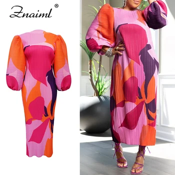 Znaiml O-Neck Long Lantern Sleeve Loose Mid Dress Women Print Patchwork Pleated Gown Evening Holidays Festivals Birthday Robe 1