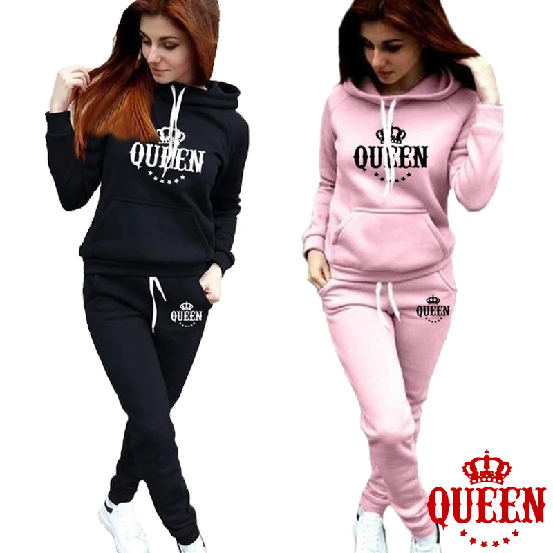 Fashion Queen Print Women Track Suits Sports Wear Jogging Suits Ladies Hooded Tracksuit Set  Hoodies+Sweatpants Sweat Suits