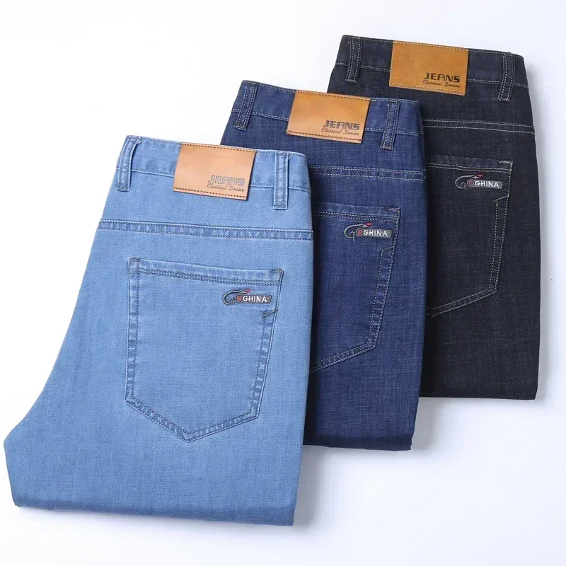 2024 Spring Summer Thin Denim Straight Cotton Stretch Jeans Men Business Casual Cloth High Waist Ice Silk Lightweight Trousers
