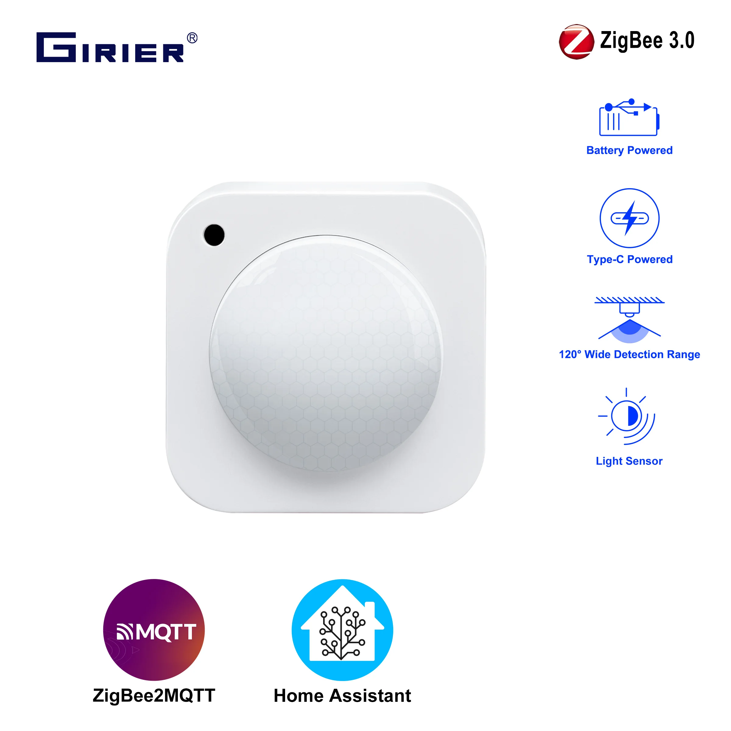 GIRIER ZigBee 3.0 PIR 모션 센서 스마트 움직임 감지기 홈 보안 시스템용 2-in-1 광 센서는 홈 어시스턴트를 지원합니다