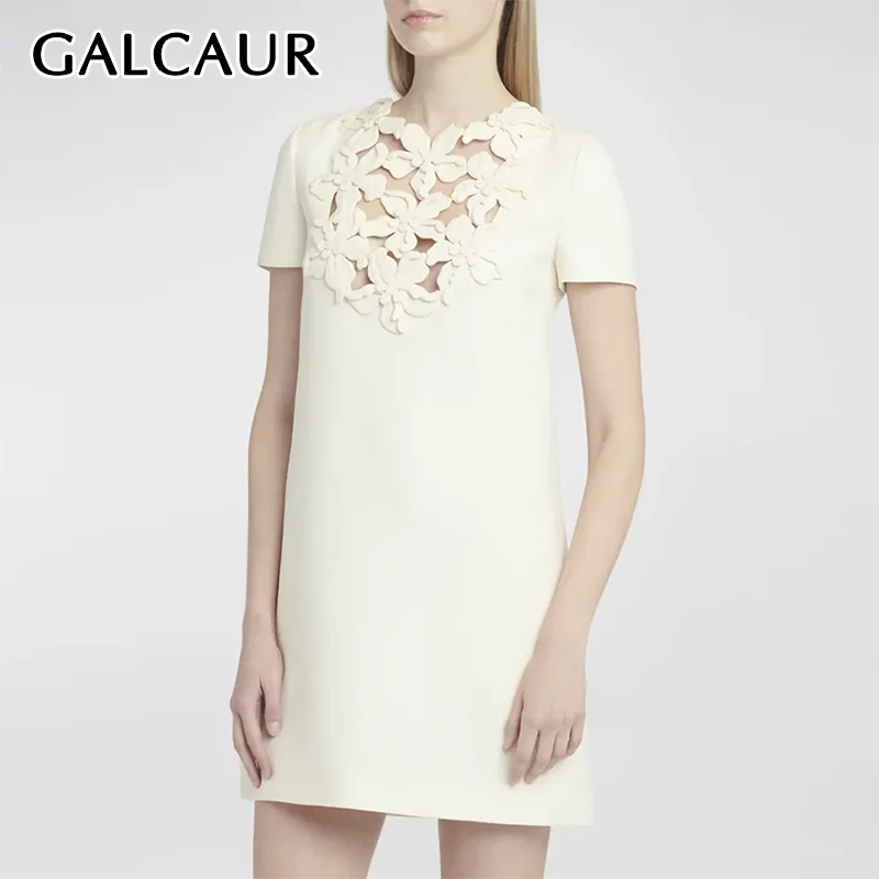 

GALCAUR Patchwork Appliques Hollow Out Dresses For Women Round Neck Short Sleeve High Waist Casual Solid Mini Dress Female New