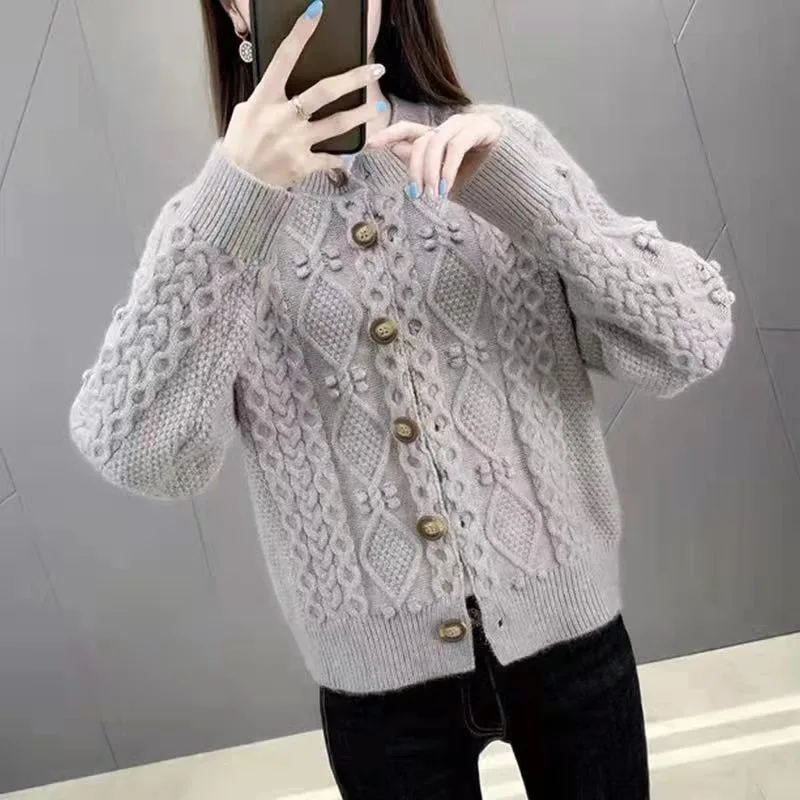 New Solid Color Twist Knitted Cardigan Women\'s Spring Autumn Short Ladies Sweater Coat Korean Elegant Long Sleeve Tops