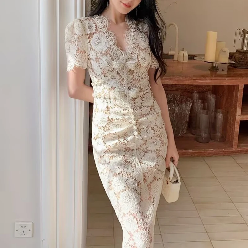 chinese dress ladies Eyelash Lace Body Fit Slit Midi Dress WHITE/ MAROON (XS-L)  Sweet & Classy  Co