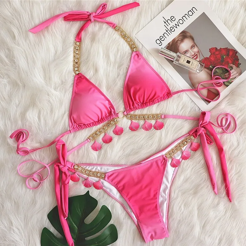Women's Sexy Thong Bikini Crystal Side Bottom Triangle Bikini Halter Swimsuits