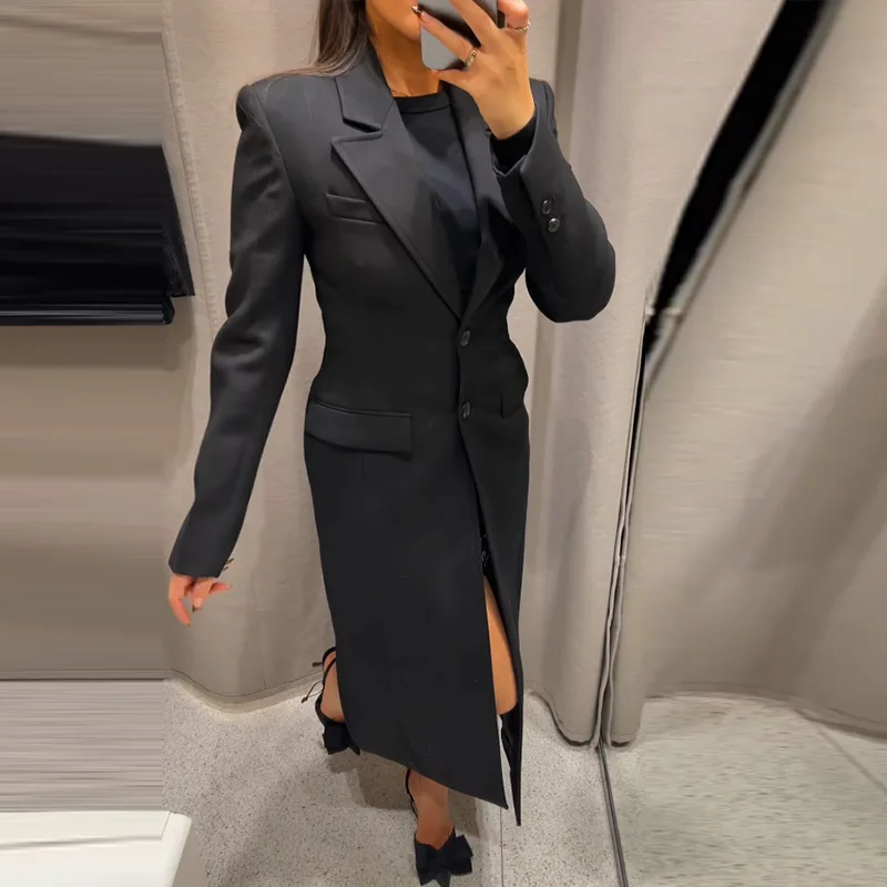 Vintage Lapel Black Long Overcoat Women Slim High Waist Full Sleeve Single Breasted Shoulder Pad Coat New Spring Commute Outwear