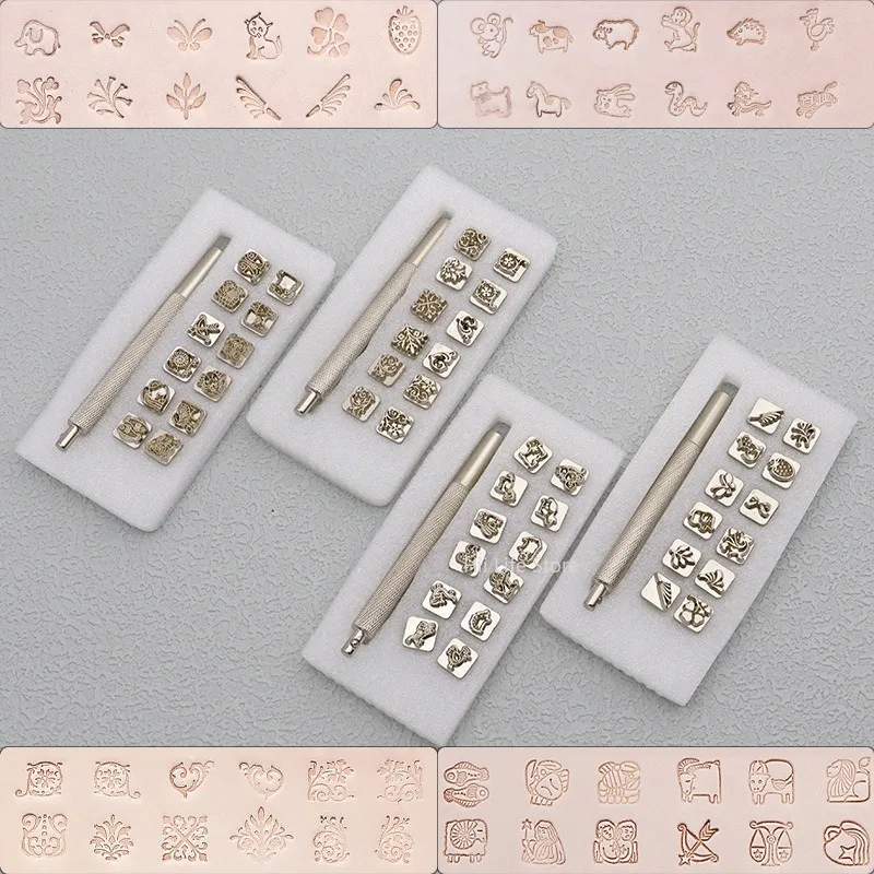 12pcs/lot Leather Stamp Zinc Alloy Seal Stamp Embossing Print Pattern Tools with Handle Plant Tanned Leather Printing Tools