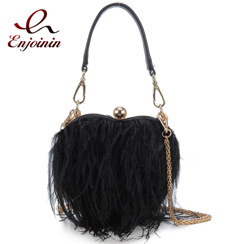 Ostrich Feather Heart Shaped Party Clutch Evening Bag for Women Luxury Banquet Bag Female Purses and Handbags Chain Shoulder Bag