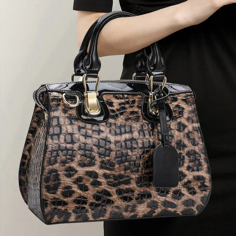 

2024 Fashion Leopard Women Handbags European Designer Cow Genuine Leather Shoulder Bags Female Brand Luxury Crossbody Boston Bag