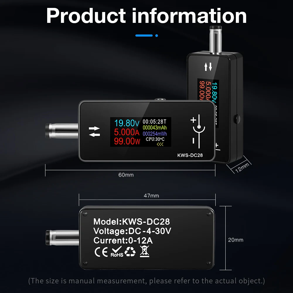 DC 4-30V 12A 전압 전류 테스터 KWS-DC28 인터페이스 테스터 디지털 전압계 전류계 0.96 인치 TFT 컬러 스크린 전력계