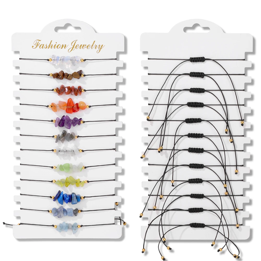 Colorful Natural Stone Adjustable Rope Bracelets - Handmade Bohemian Set with Cards (12 Pieces)