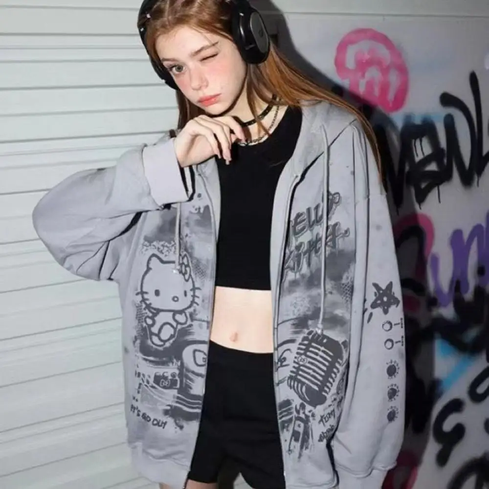 

Sanrios Anime Hello Kitty Retro Graffiti Print Hooded Jacket Cartoon Campus Loose Cute Girl Casual Cardigan Sweatshirt Top Gift
