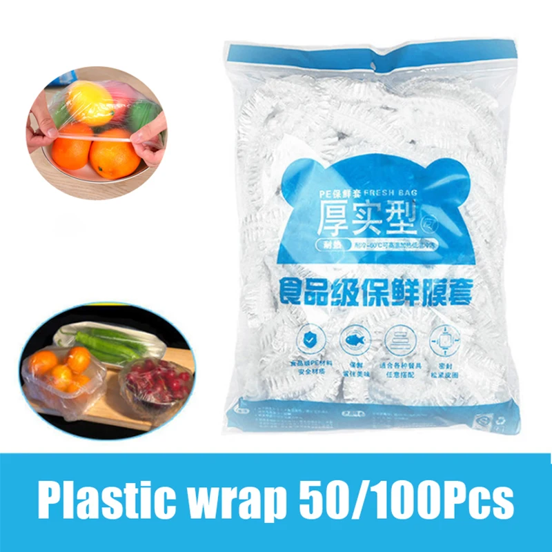 50/100pcs Disposable Food Cover Plastic Wrap Elastic Food Lids For Fruit Bowls Cups Caps Storage Kitchen Fresh Keeping Saver Bag