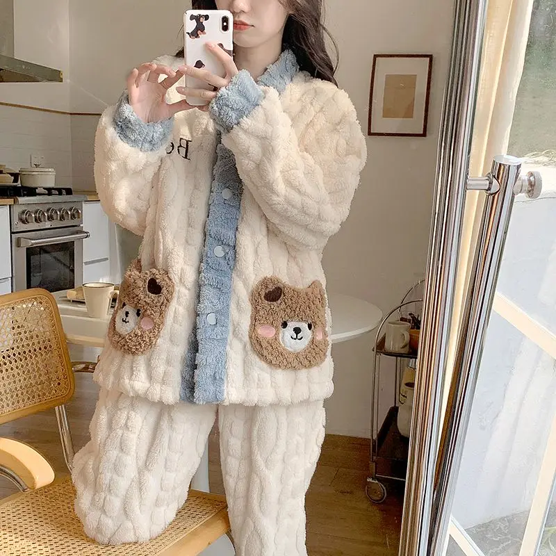

Women Coral Velvet Pajamas Winter New Fleece-lined Thickened Cartoon Bear Nightclothes Suit Thermal Flannel Female Homewear Sets
