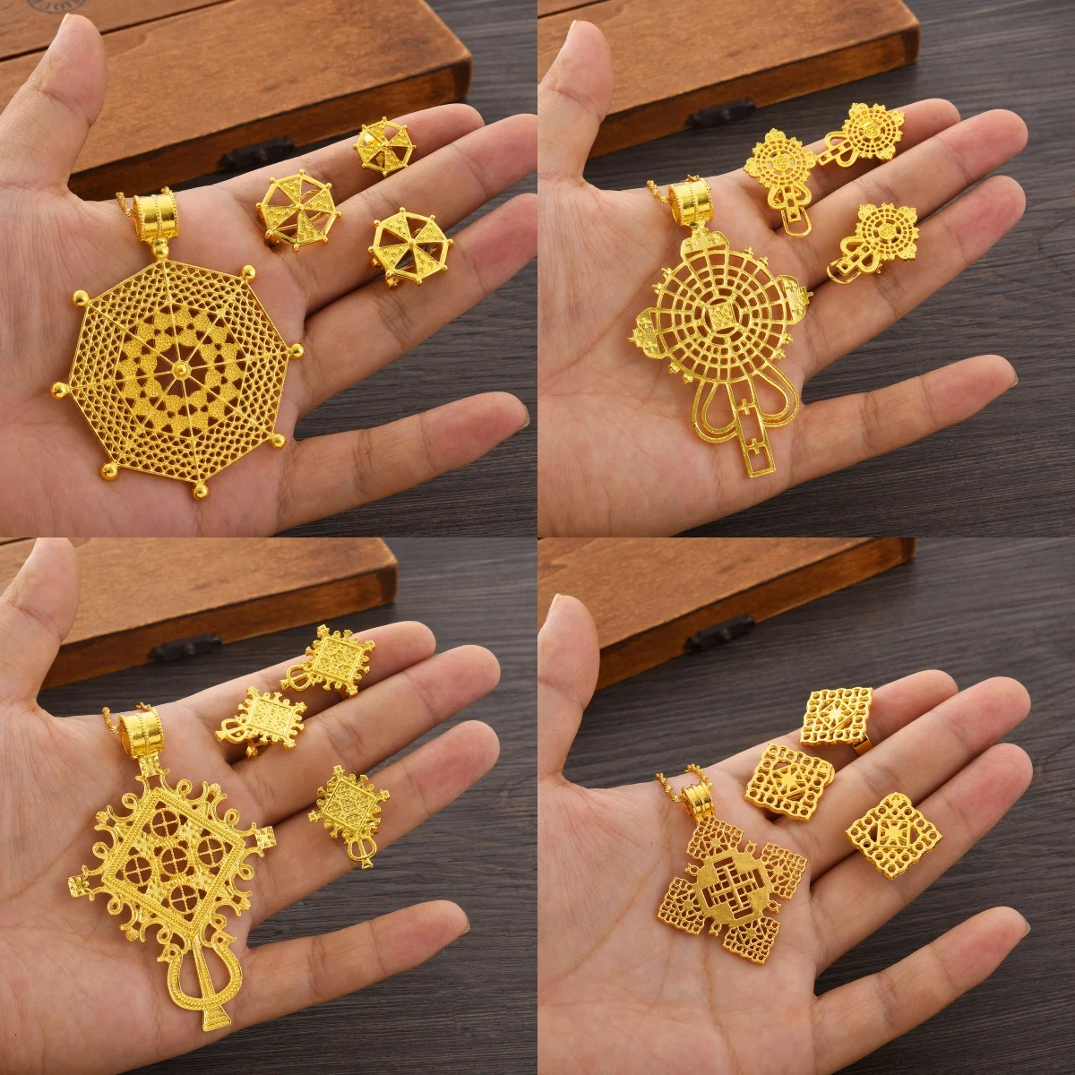Ethiopian Golden Color Cross Jewelry Sets Pendant Earrings Rings African