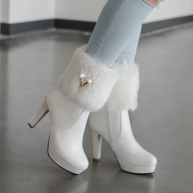 

2024 New Sweet High-heeled Women's Boots White Pink Round Toe Women Ankle Boots Plush Warm Snow Boots