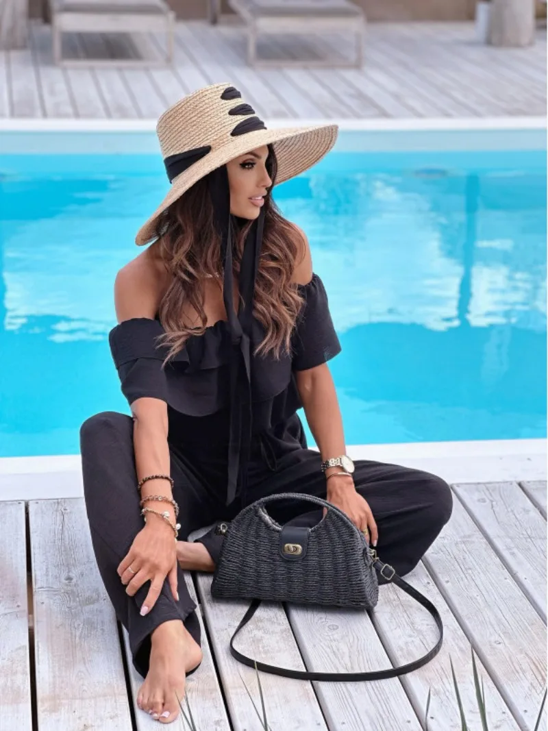 Women's New Sexy Fashion Leisure Commuter Vacation Style Loose Street Head Style One Line Neck Solid Color Jumpsuit
