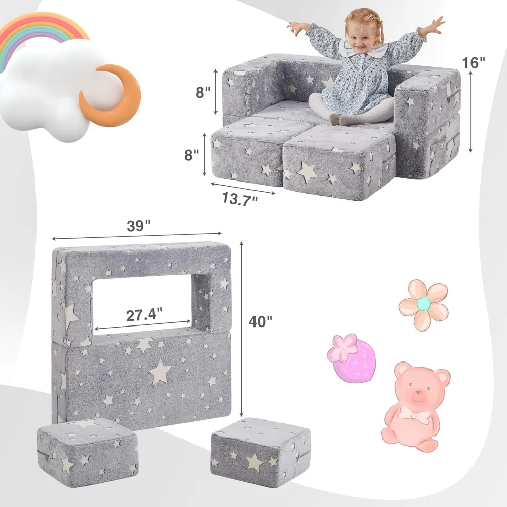 Kids Play Couch, Glow in The Dark Star Patterns Toddler Modular Sofa, Convertible Baby Fold Out Play Foam and Floor Cushion 2