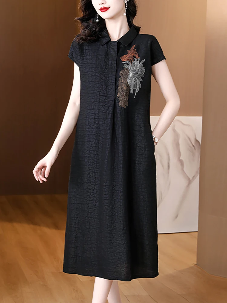 

2023 Black Korean Vintage Hepburn Dress Women Chic Embroidery Prom Clothes Summer New Short Sleeve Polo Collar Office Lady Dress