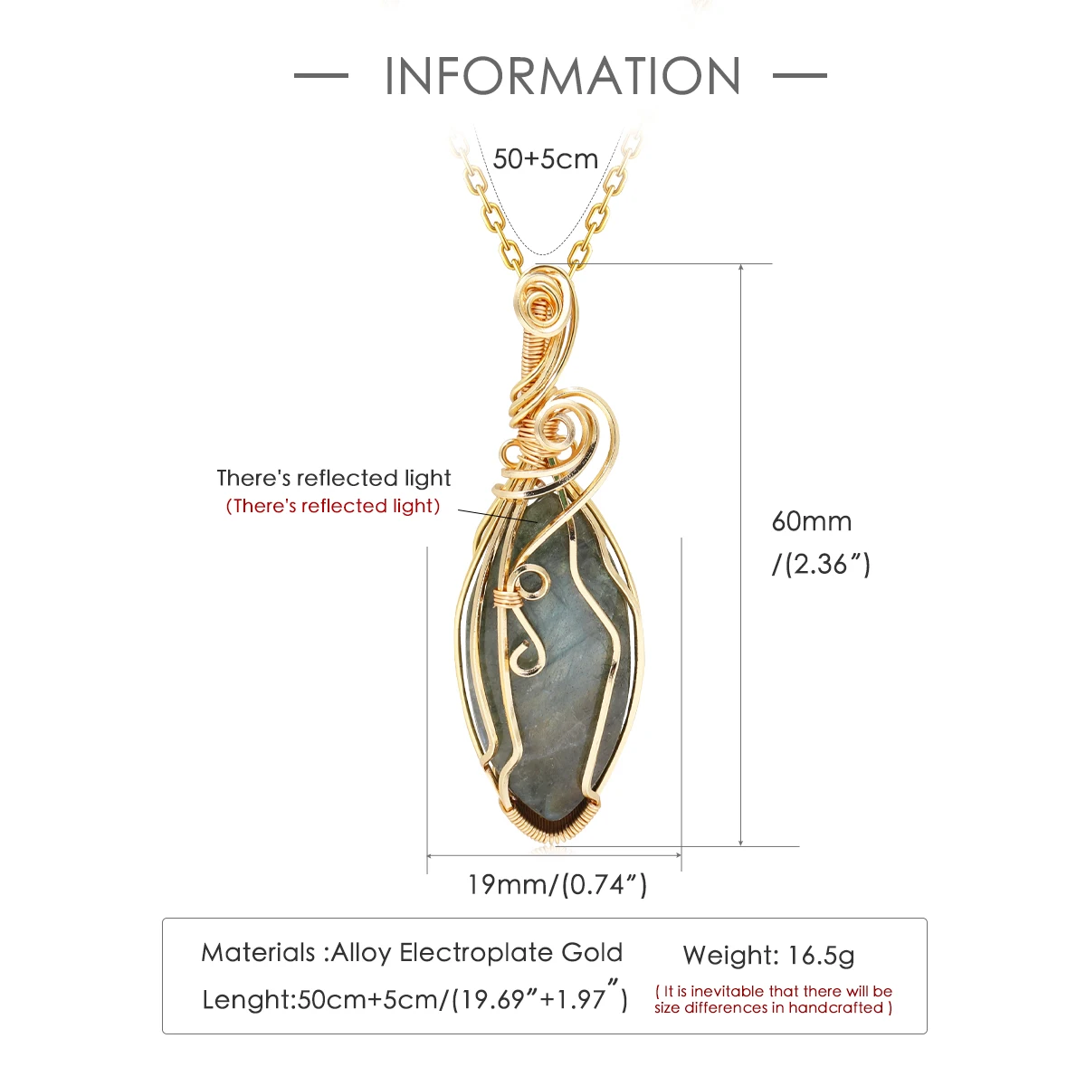 Handmade Natural Labradorite Gemstone Pendant Copper Wire Wrapped Jewelry Necklace for Women Gift