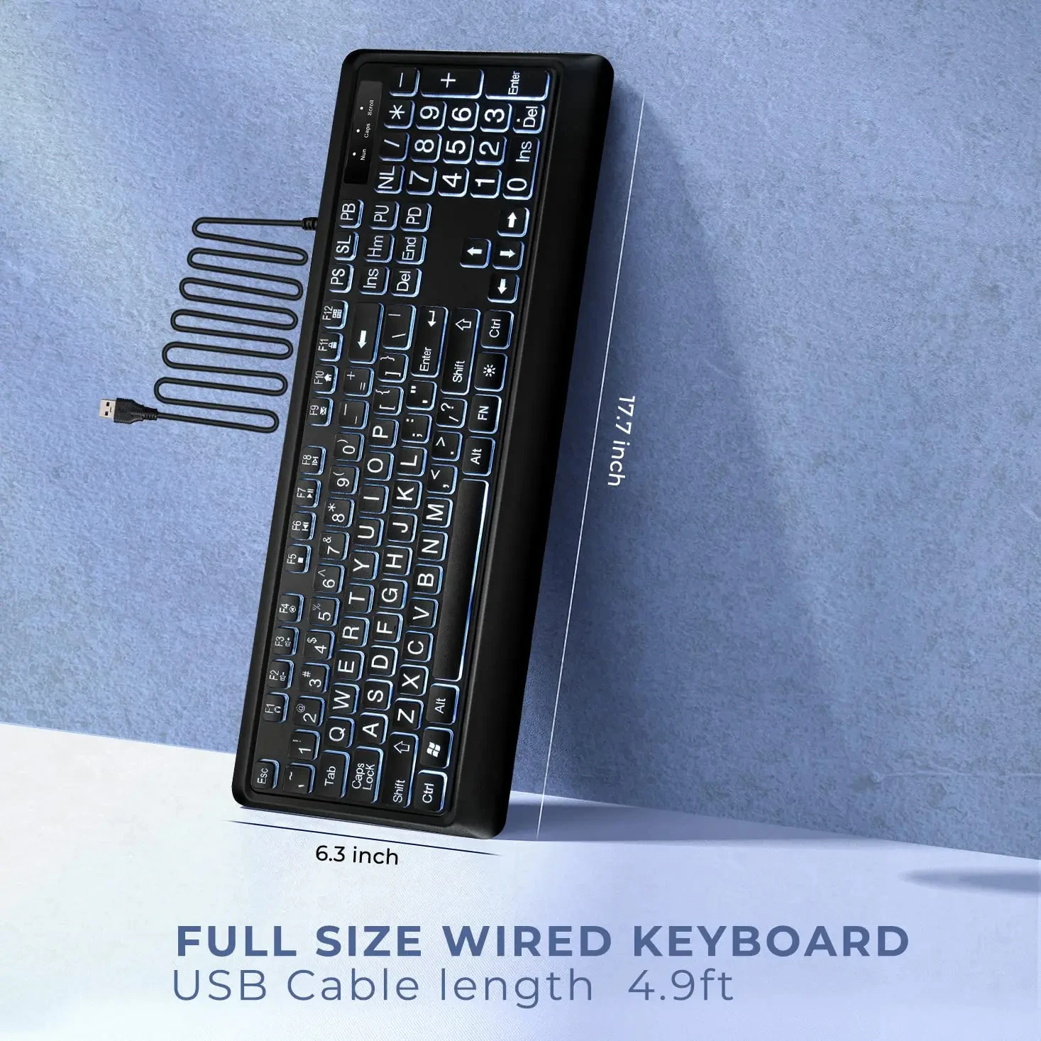 Atelus Teclado Retroiluminado Con Impresión Grande, Teclado USB Con Cable Para Computadora, Teclado De Tamaño Completo Con LED Iluminado Arco Iris